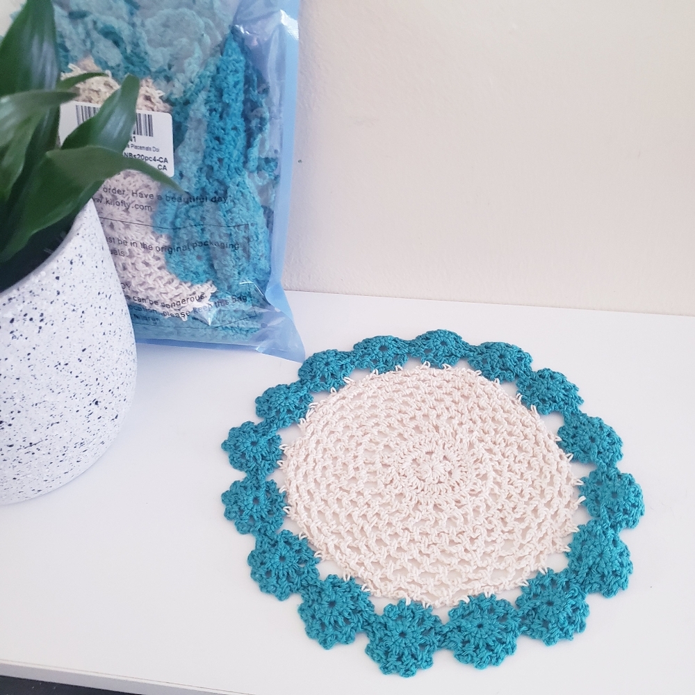 NEW in Package Crochet Lace Table Placemats - Doilies Set Of 8 -  Teal & Beige